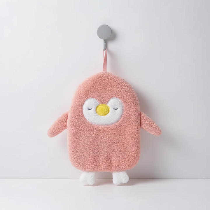 Cute penguin hand towel made from plush coral fleece, offering high absorbency and quick-dry properties for daily use.