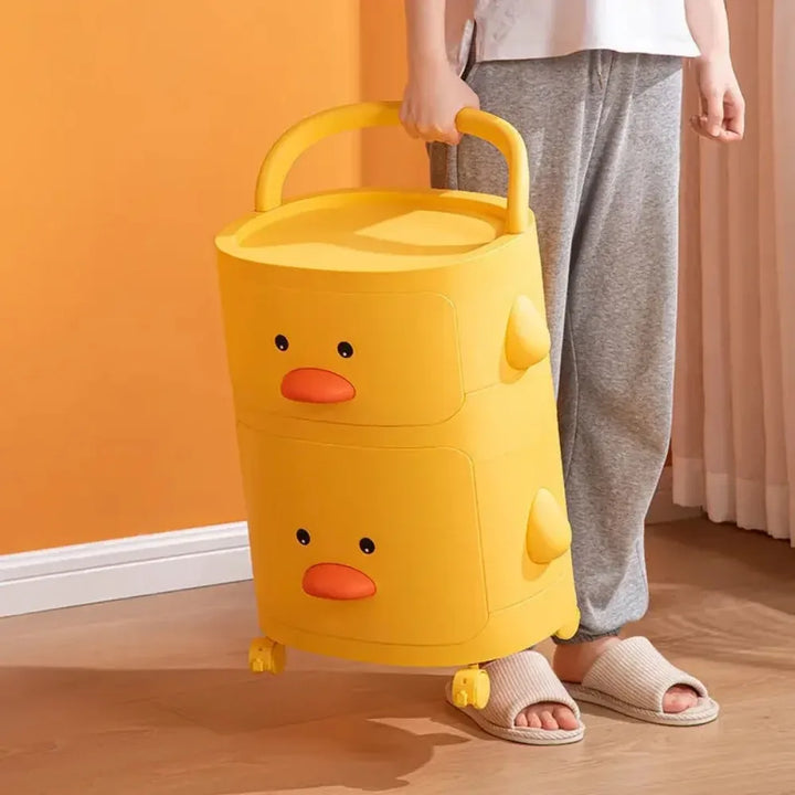 Yellow duck rolling cart with multi-layer plastic bins for children's toys