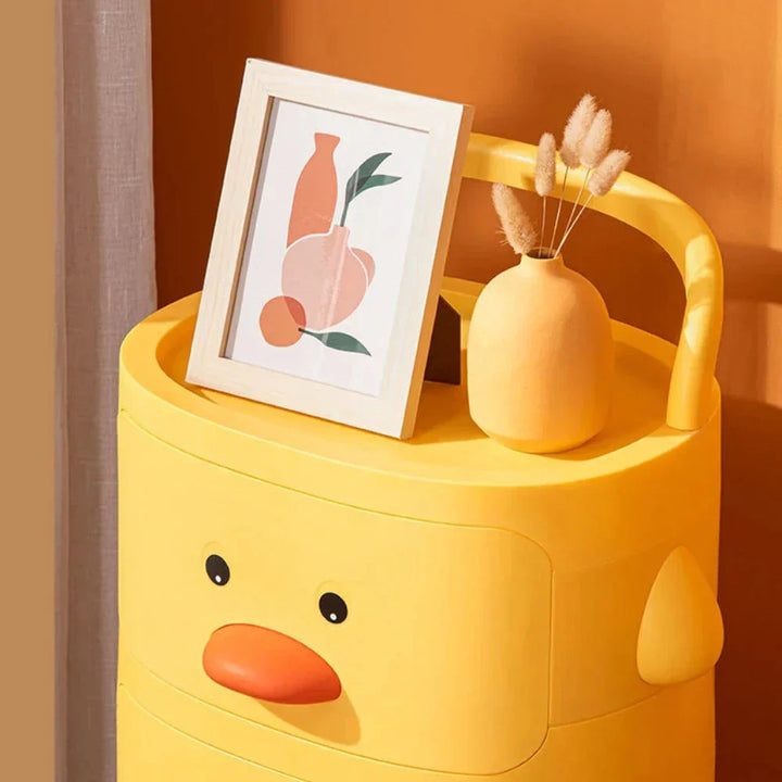 Nursery storage solution: multi-layer duck toy organizer with wheels for easy access