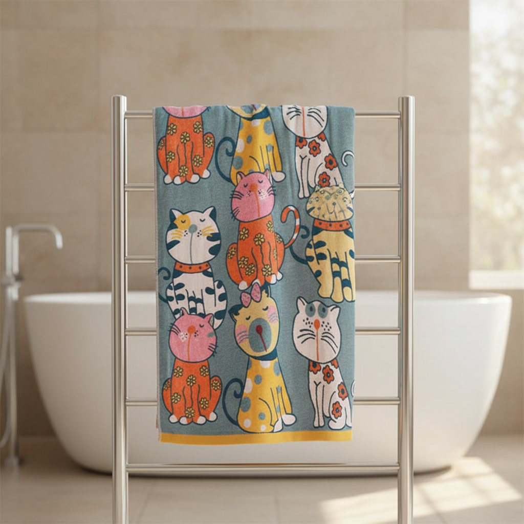 Adorable newborn baby wrapped in a soft, absorbent kitty hooded bath towel, made from cotton.