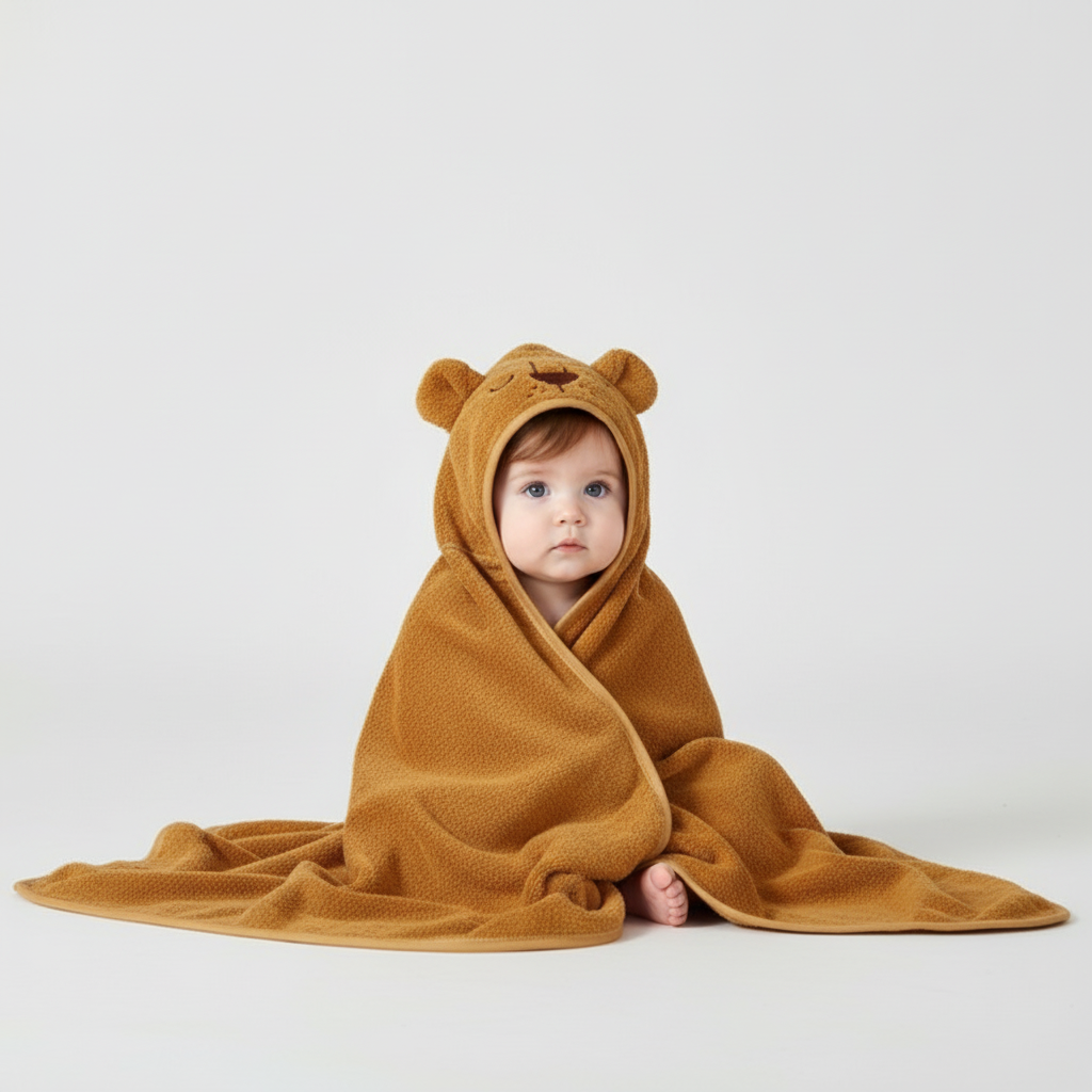 Cozy grey bear baby hooded bathrobe, quick-drying & warm, essential for infant post-bath care