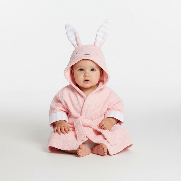 Close-up of SnuggleTowel baby hooded towel featuring a playful animal face, perfect for kids bath time