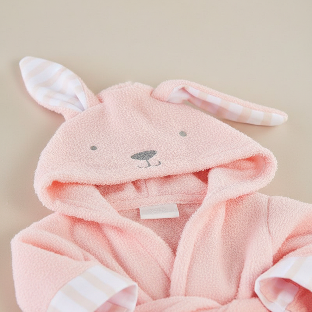 Toddler wrapped in an absorbent SnuggleTowel hooded bath towel after bath, cozy cotton blend