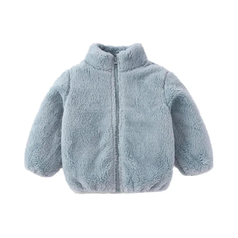 Adorable toddler in a red warm fleece jacket, perfect for autumn adventures and winter playdates.