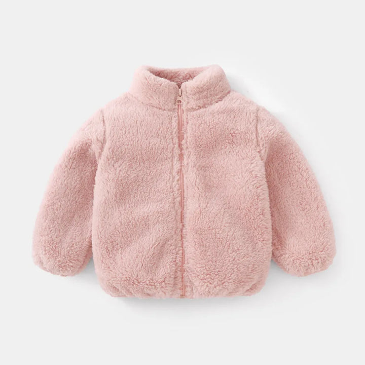 Pink warm winter jacket for girls, featuring a durable zipper and high collar for extra warmth.