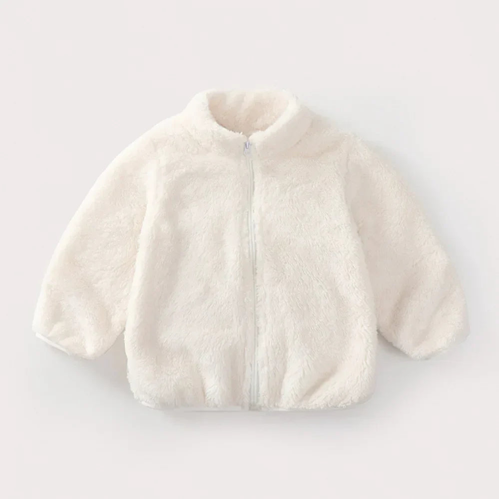 Close-up of a vibrant green kids' fleece coat, highlighting the plush material and quality stitching.