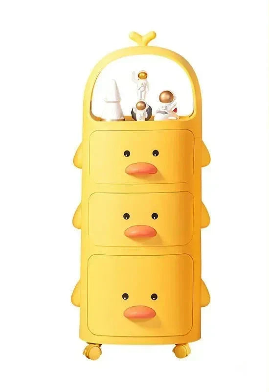 Children's storage rack on wheels with a friendly duck graphic, perfect for keeping play areas tidy.