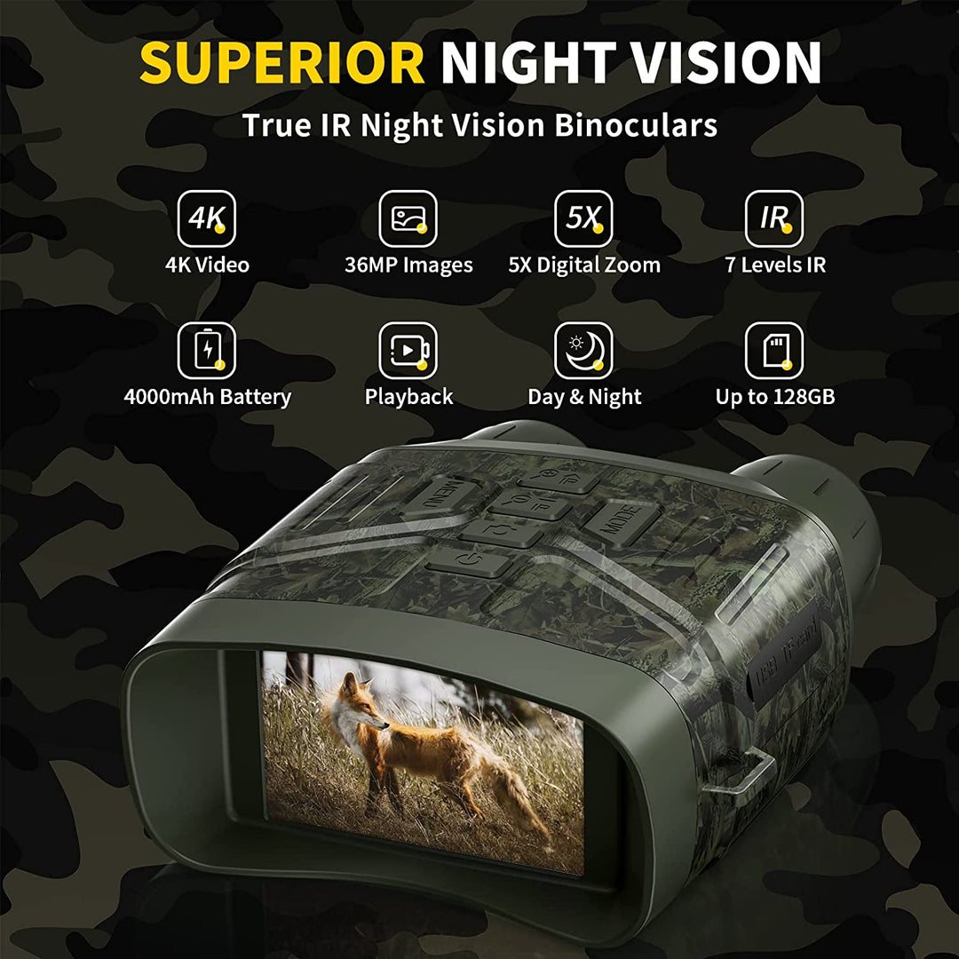 Infrared night vision binoculars, 5x digital zoom, essential outdoor gear for low light surveillance.