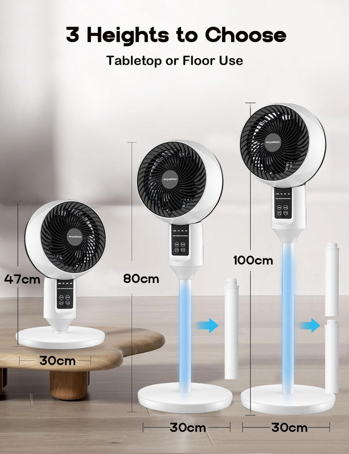 White Aerion pedestal fan showing 3D oscillation feature and adjustable height for cooling.