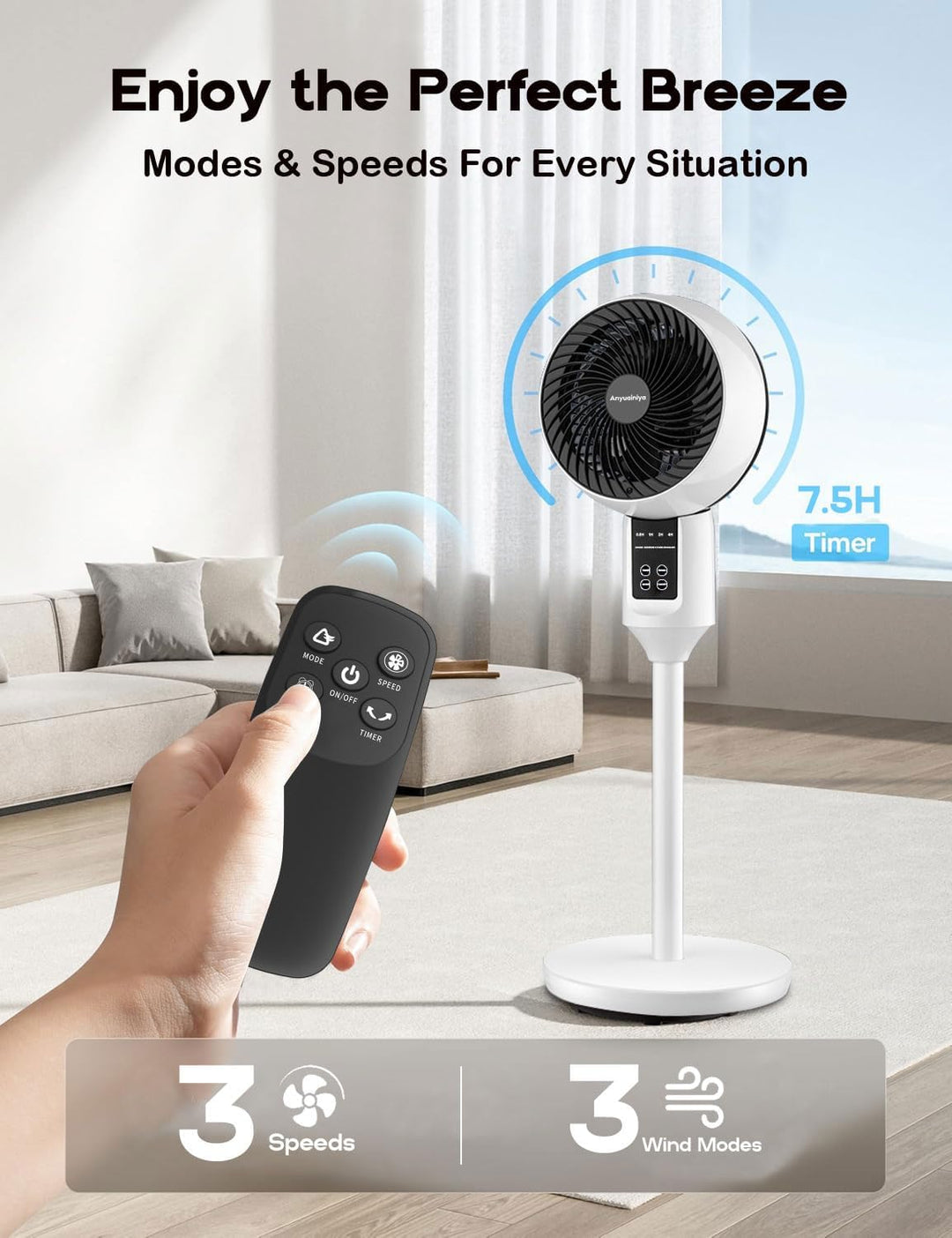 Aerion Pedestal Fan with adjustable height and remote control, providing powerful 3D Oscillation.