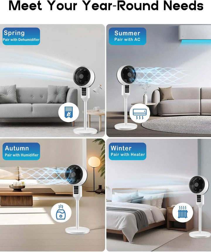 Lifestyle shot of Aerion 3D oscillating fan providing quiet, adjustable cooling in a bedroom.