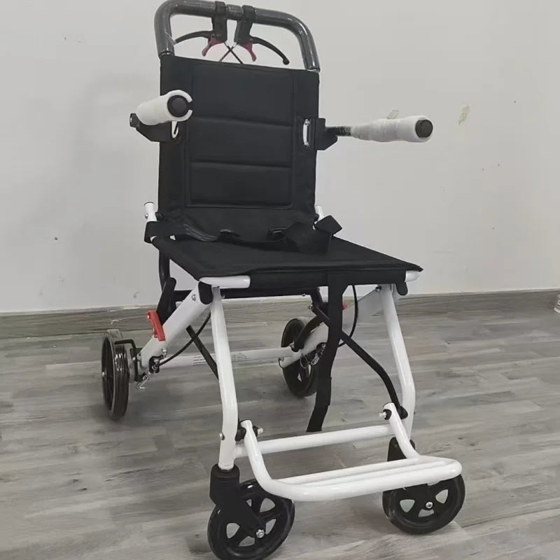 Aeris lightweight portable wheelchair folded for easy travel and storage, ideal for elderly mobility.
