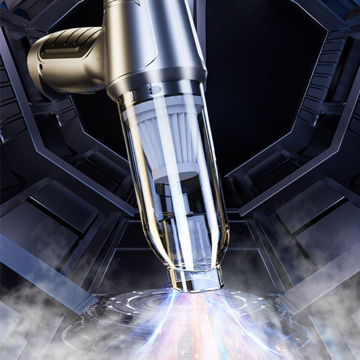 Man using AeroForce cordless vacuum to clean tight spaces in a car
