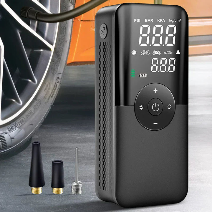 AeroMax portable digital tire inflator and power bank with clear display, ideal for car and bike tires.