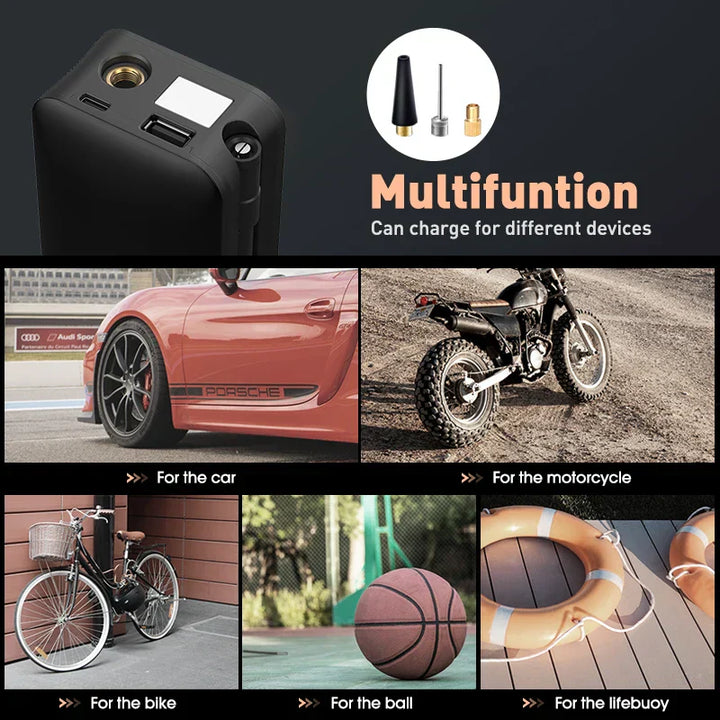 Compact AeroMax portable air compressor and power bank, perfect for emergency tire inflation and device charging.