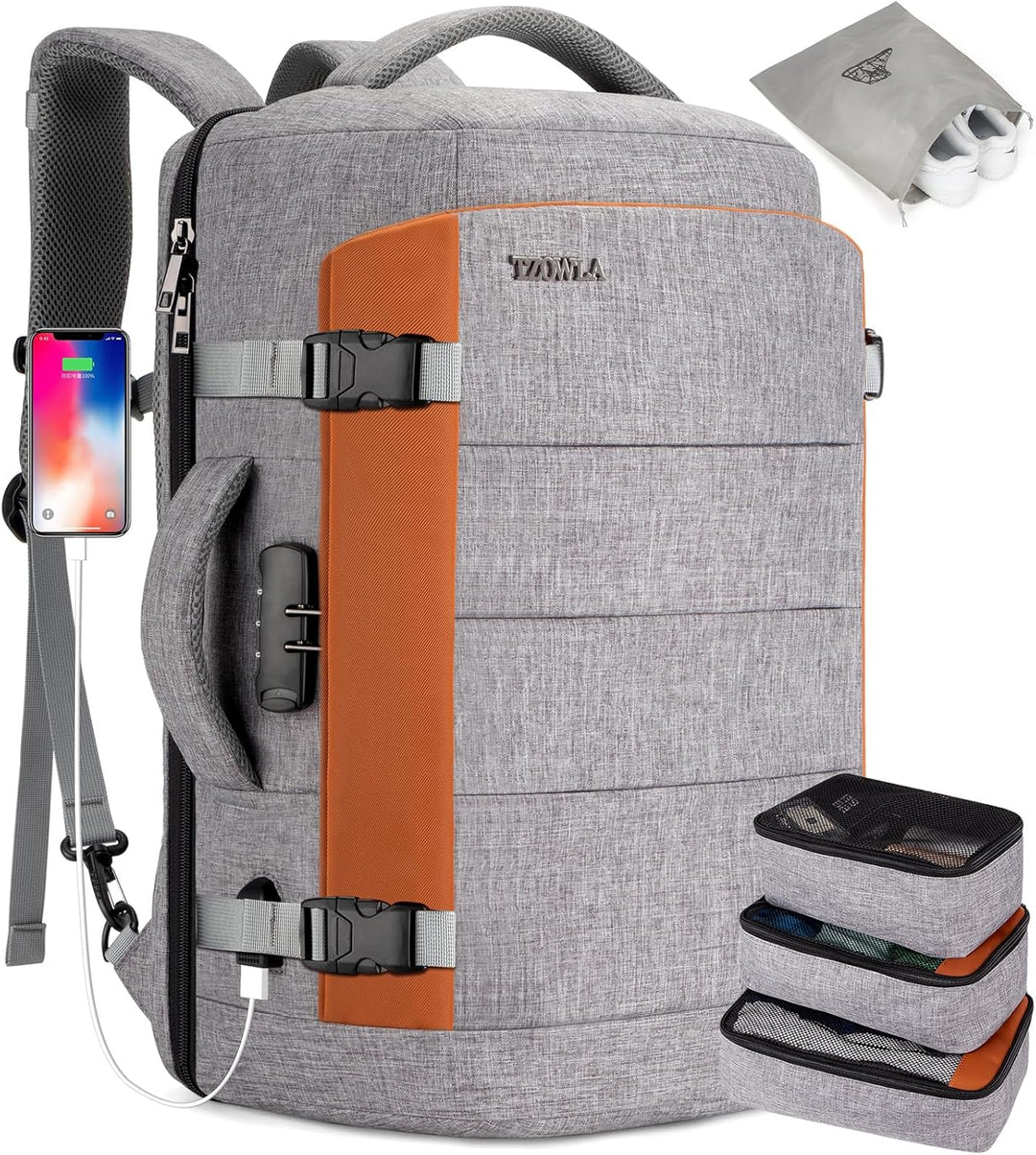 AeroPack 40L water-resistant travel backpack with USB port, black, open to show interior compartments
