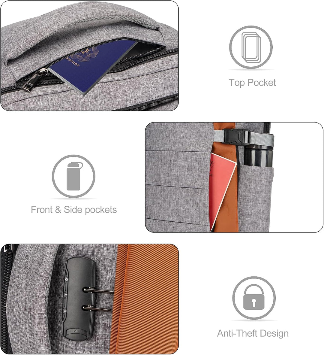 AeroPack 40L travel backpack, anti-theft lock detail, showing secure zippers & durable construction