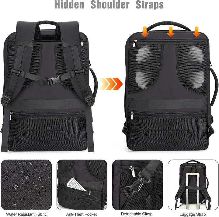 Airline-approved 40L travel backpack for laptops, featuring USB charging & anti-theft design.