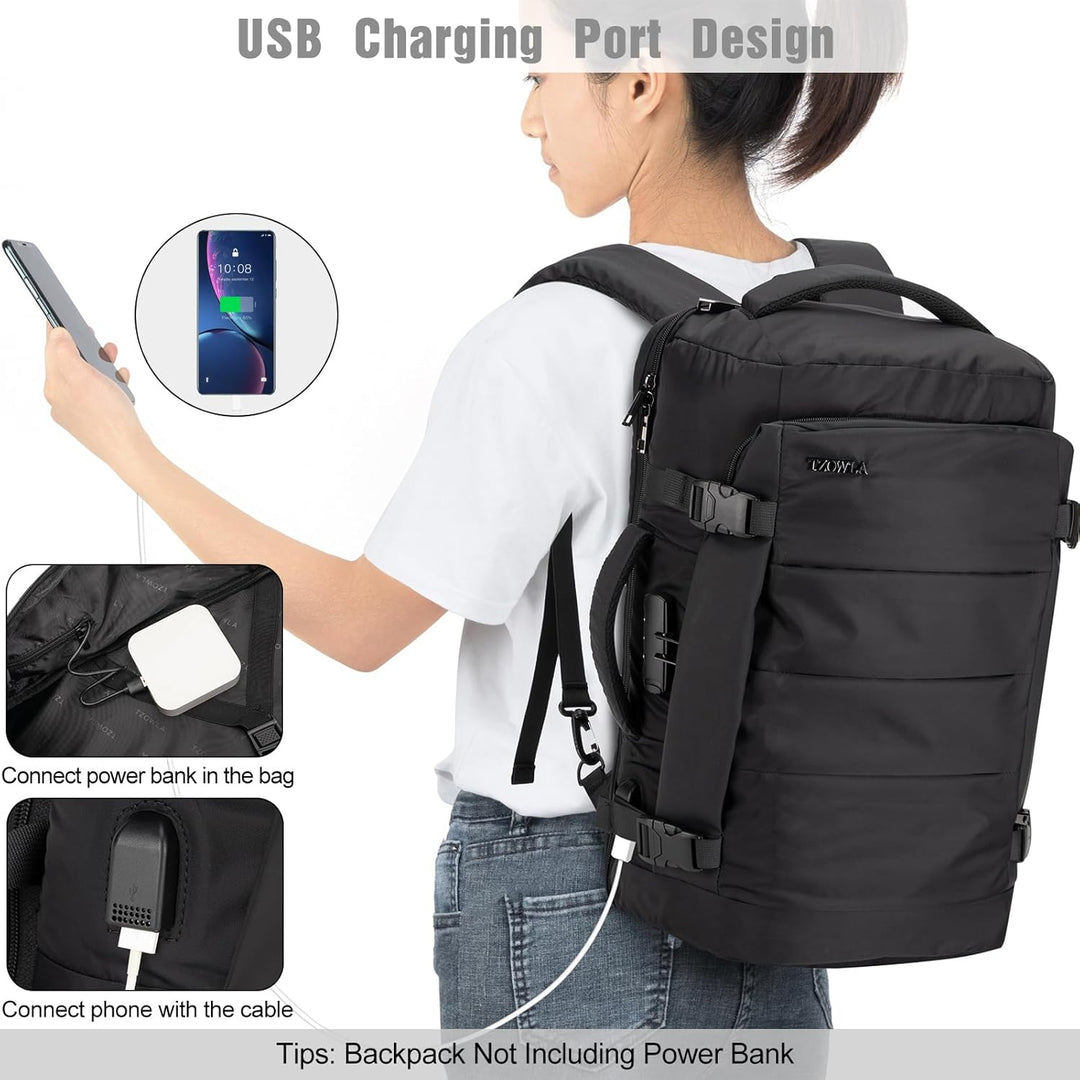 Water-resistant 40L laptop backpack by AeroPack with integrated USB port & secure anti-theft lock.