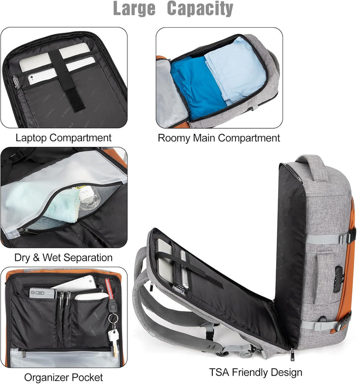 Spacious 40L travel laptop backpack with anti-theft lock and USB port, perfect for secure carry-on.