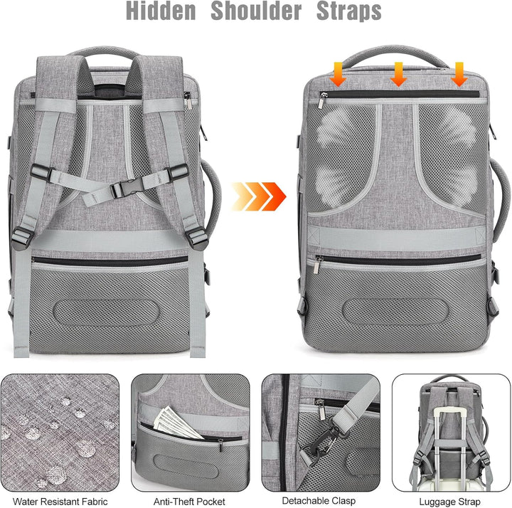 Front view of AeroPack 40L travel laptop backpack showing USB port, durable fabric & sleek design.