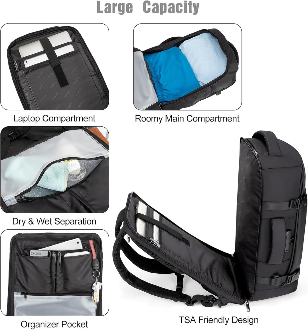 Organized 40L travel laptop backpack with anti-theft design, USB port & ample space for packing.