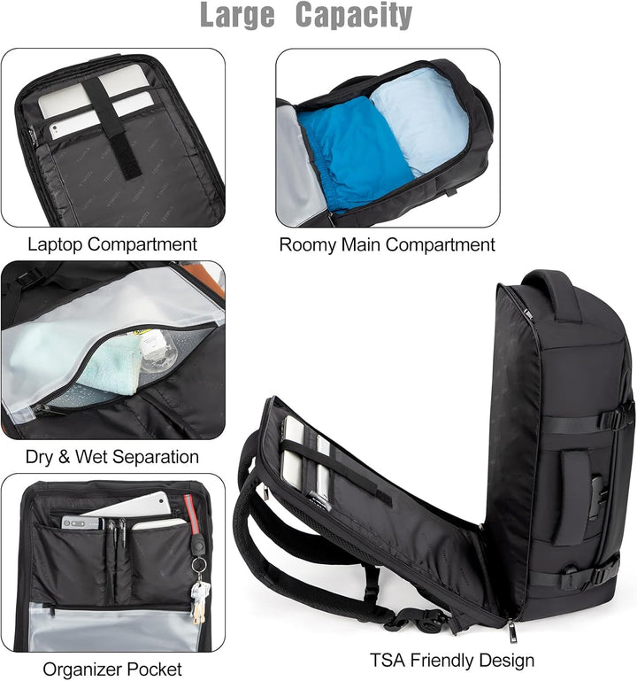 Organized 40L travel laptop backpack with anti-theft design, USB port & ample space for packing.