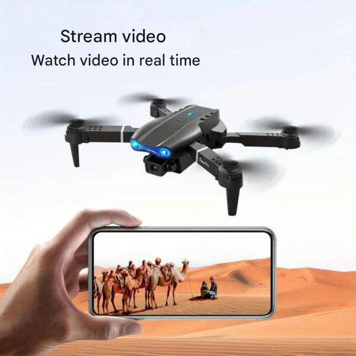 Close-up of AeroVision dual camera drone, highlighting 4K UHD lens & sleek design for aerial photography.