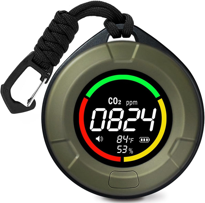 Aervent portable 3-in-1 CO2 monitor displaying temperature and humidity for indoor air quality.