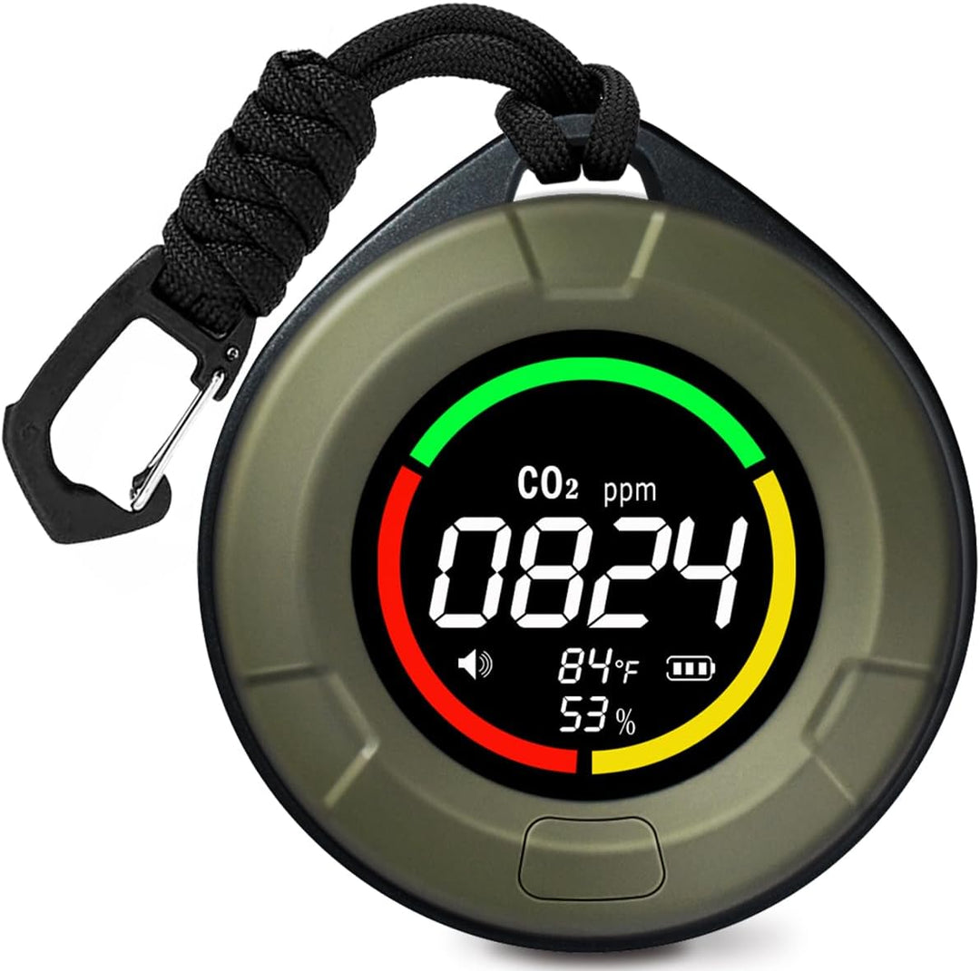 Aervent Portable CO2 Detector: 3-in-1 air quality monitor, showing CO2, temperature, and humidity on screen.