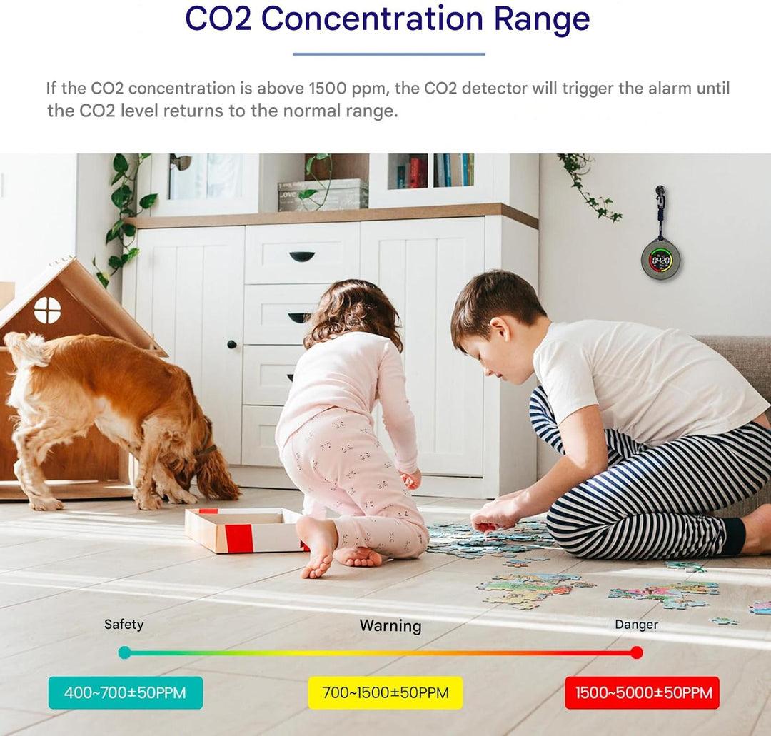 Handheld Aervent portable CO2 sensor, indicating healthy air quality levels, rechargeable battery shown.