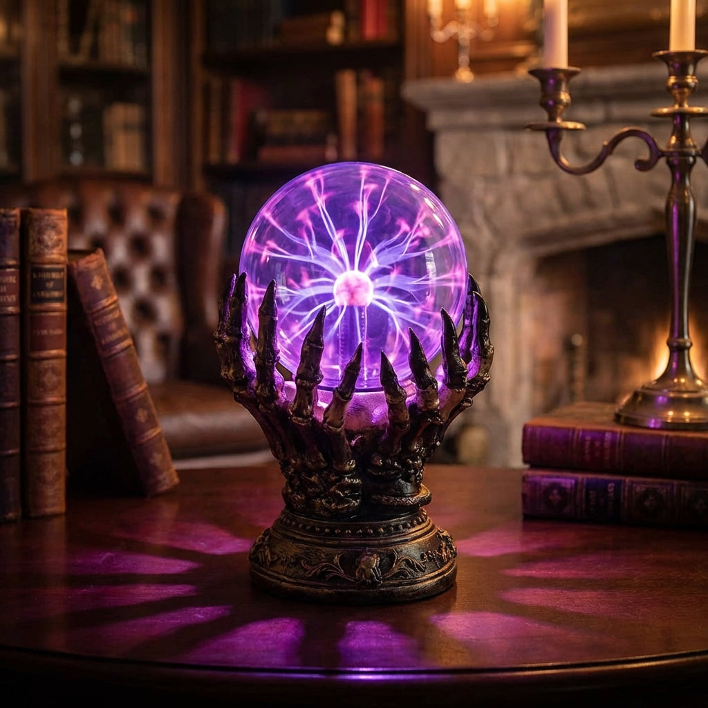 Aetherclaw Gothic Skeletal Hand Plasma Lamp glowing blue, perfect for spooky Halloween decor and mood lighting.