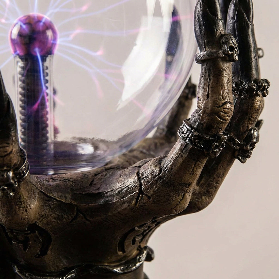 Detailed skeletal hand plasma light, an Aetherclaw gothic lamp, emitting captivating purple and blue sparks.