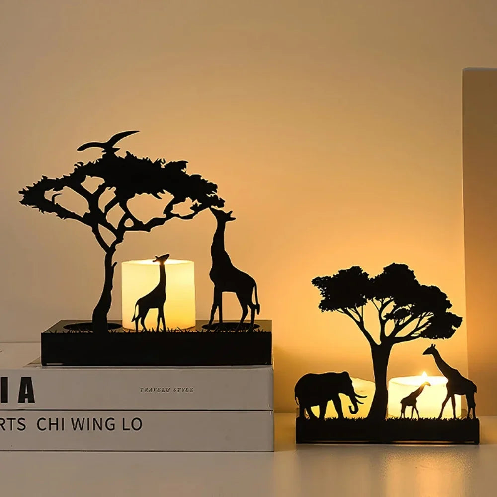African safari silhouette candle holders. Features lion, elephant, giraffe for exotic home decor & ambiance.