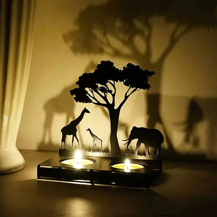 Set of African animal silhouette candle holders. Perfect for safari-themed living room tabletop decor & gifts.