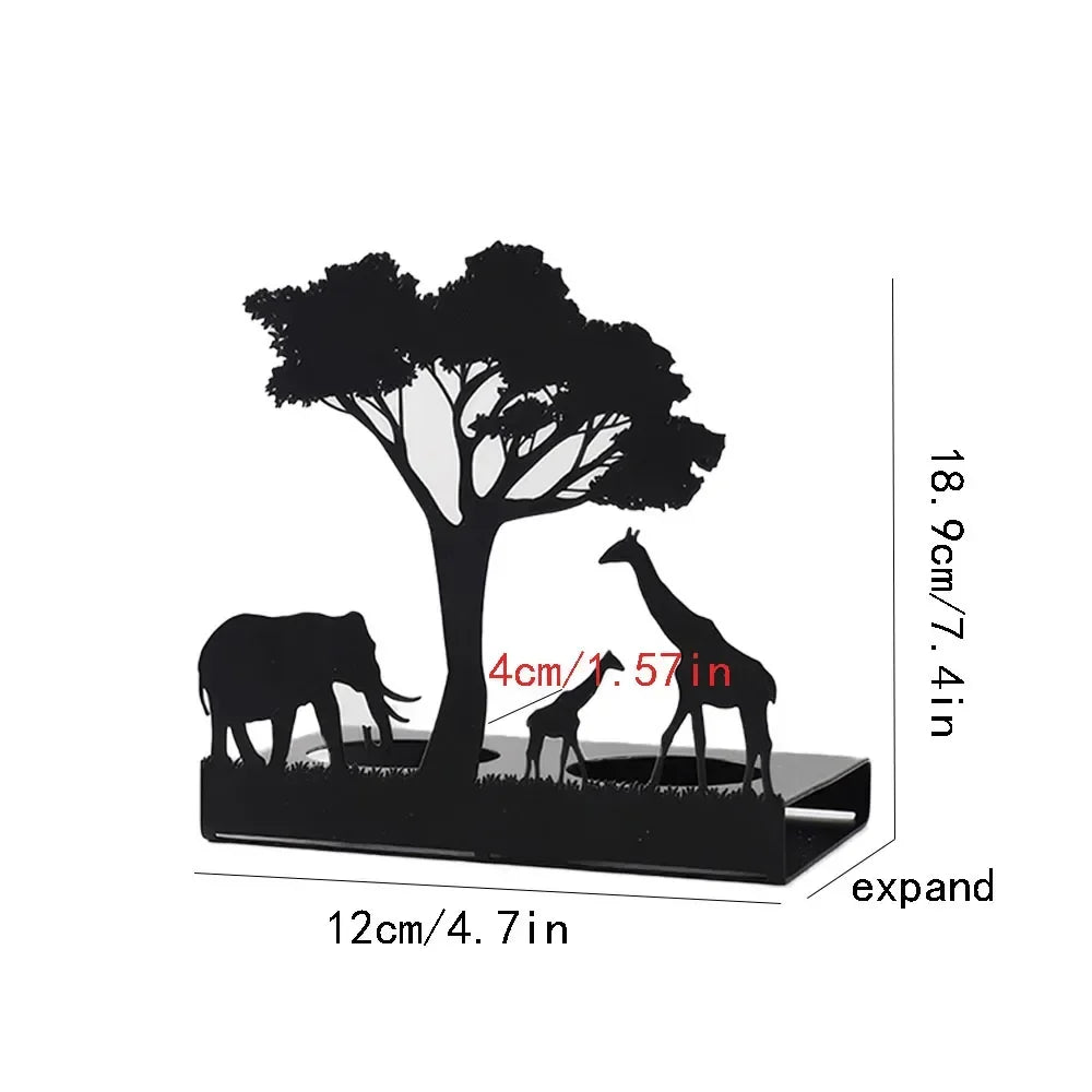 Black metal African wildlife silhouette candle holders. Unique home accent, exotic decor for shelves or mantel.