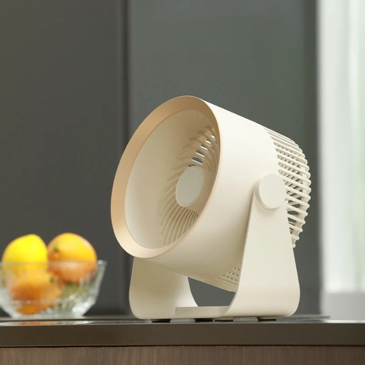 AirFlex portable rechargeable air circulator fan, white, with 4000mAh battery for home and travel cooling.