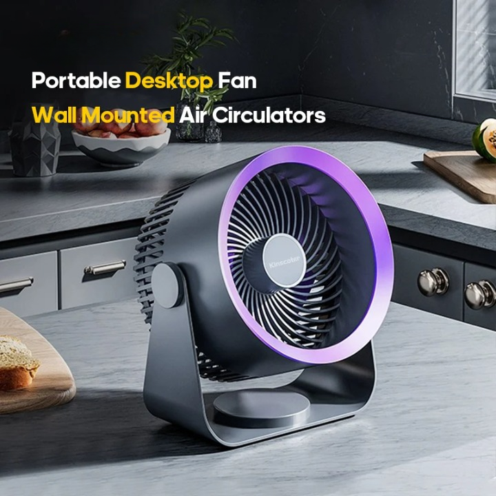 USB rechargeable electric fan circulator, AirFlex, showcasing its compact design on a desktop.