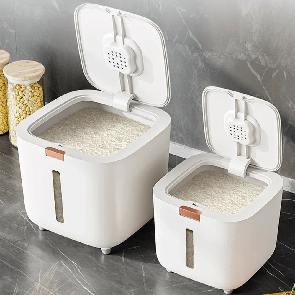 Airtight 10kg rice storage box, white, with clear lid & measuring cup, for kitchen pantry organization
