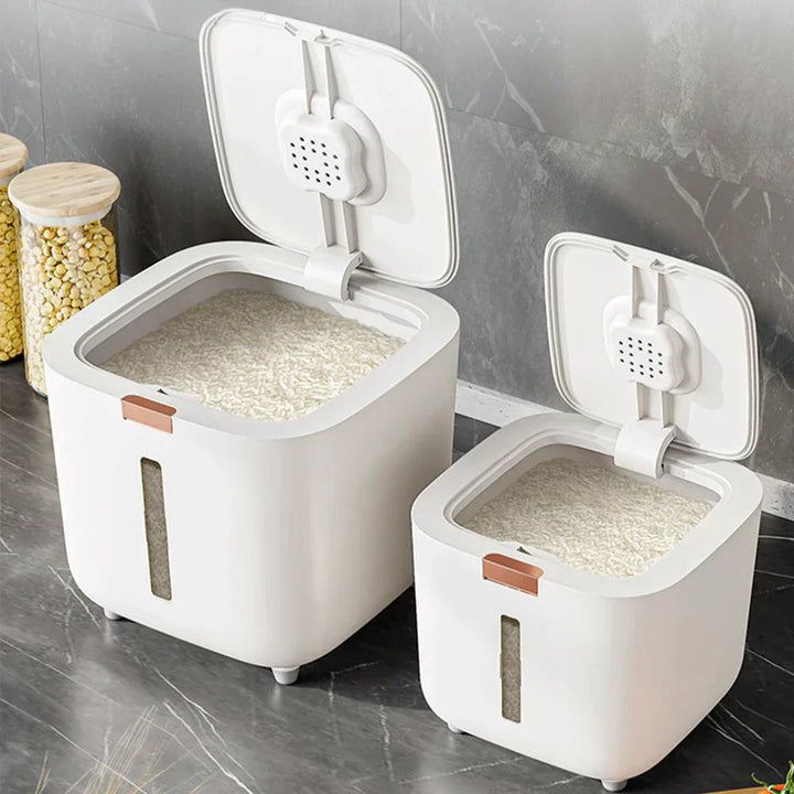 Airtight 10kg rice storage box, white, with clear lid & measuring cup, for kitchen pantry organization