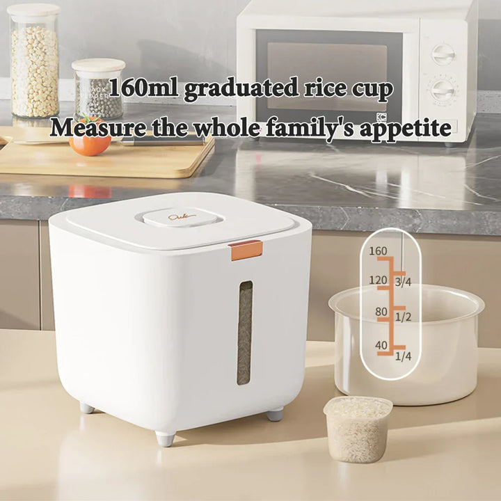Close-up of the measuring cup for the Airtight Rice Storage Box, showing 1-cup increments, food-grade plastic
