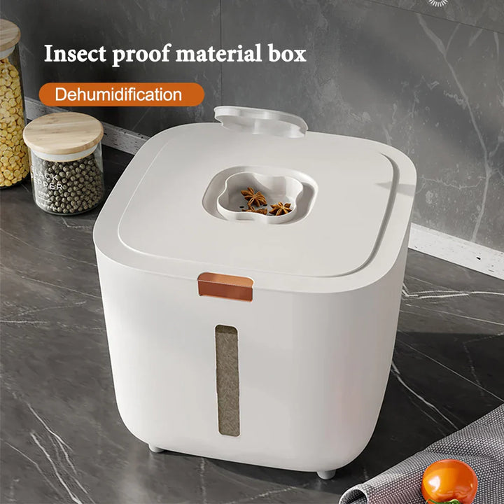 Kitchen counter with a white Airtight Grain Storage Box, 5-10kg capacity, organizing dry food essentials