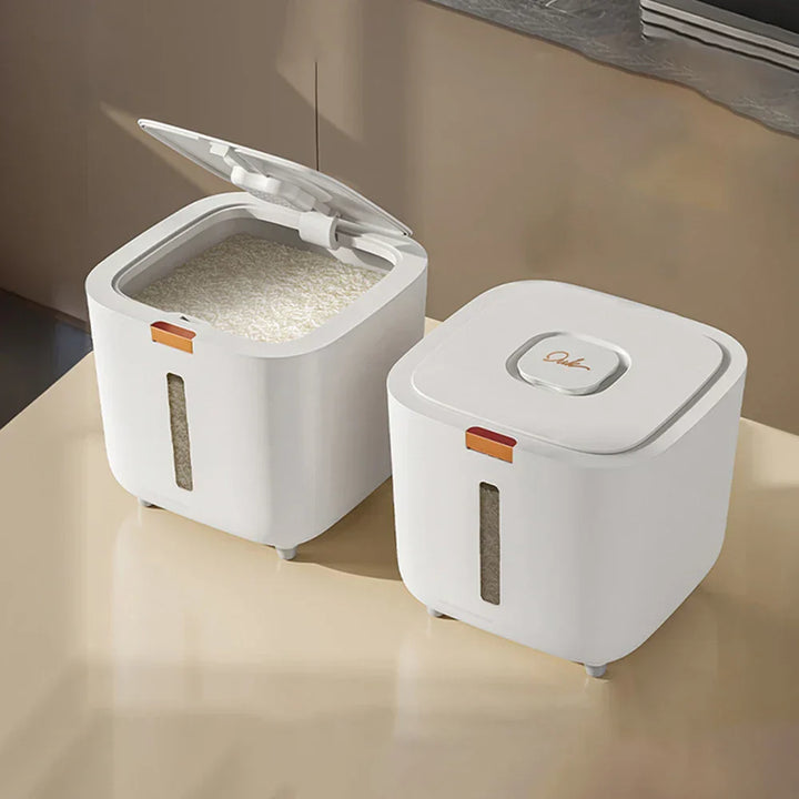 Side view of the Rice Storage Box, showcasing its slim design, airtight seal, and built-in measuring cup holder