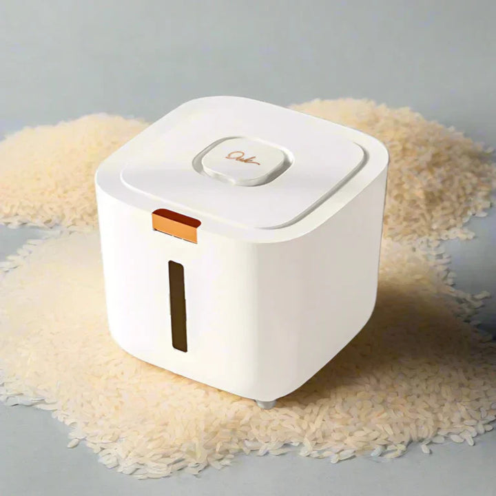 Open Airtight GrainSafe container filled with white rice, demonstrating its large capacity & easy access
