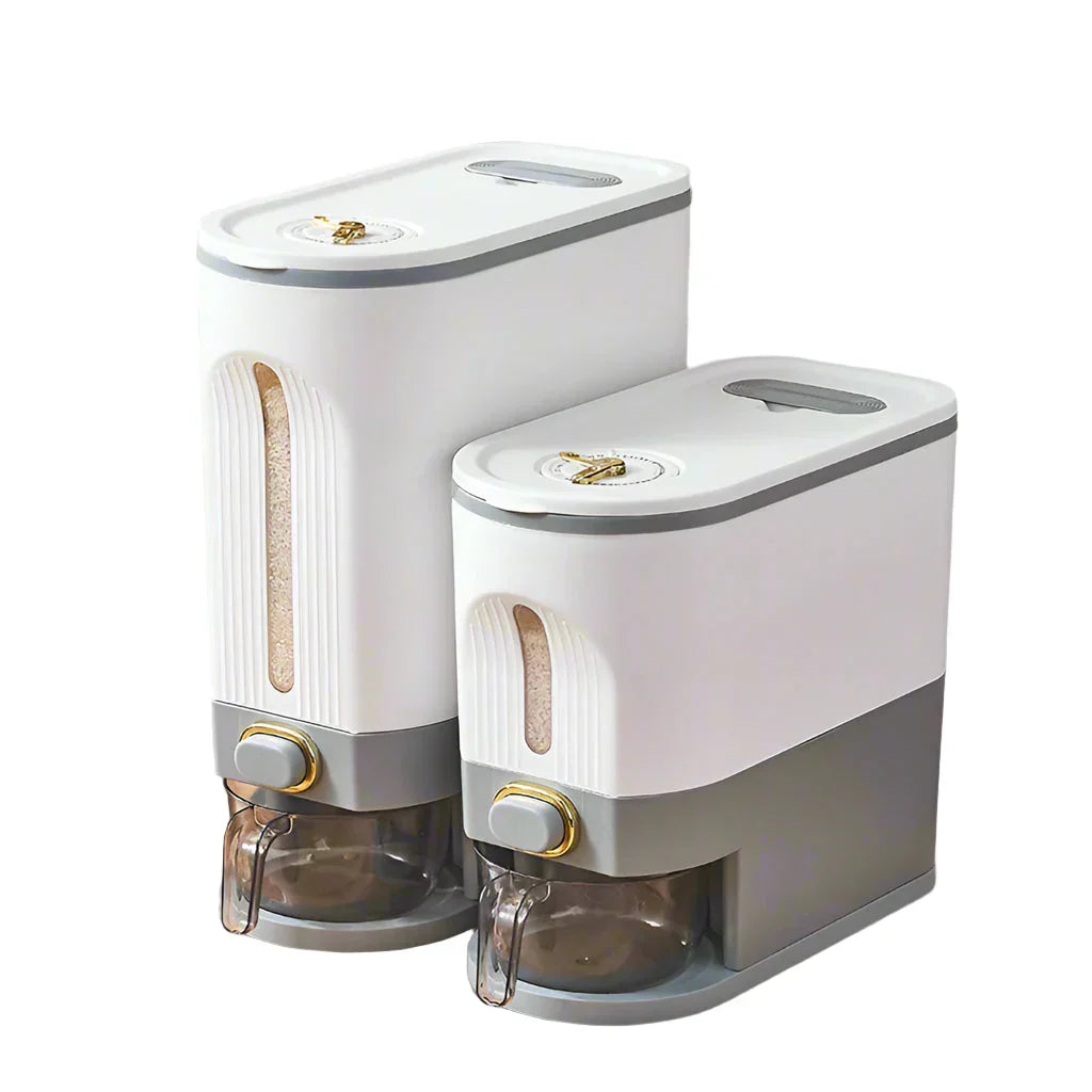 Airtight rice storage bin, white plastic container with clear lid for dry food freshness.