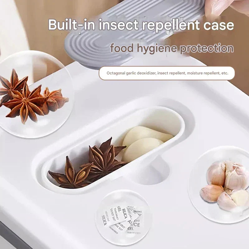Clear view airtight rice dispenser, food-grade plastic for dry food, prevents moisture & insects.
