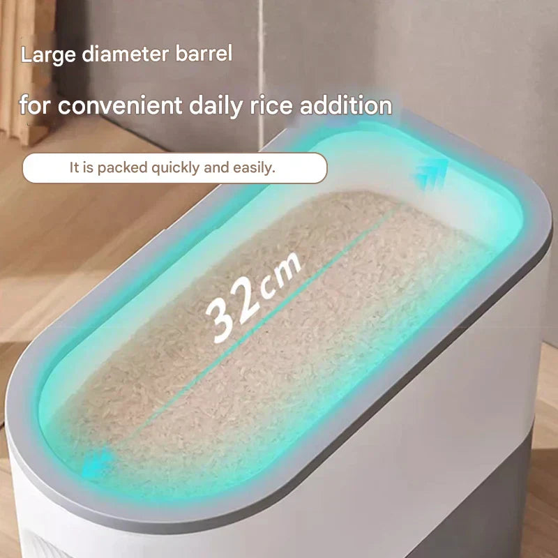 Large capacity rice container for pantry, sealed lid ensures freshness, essential kitchen storage.