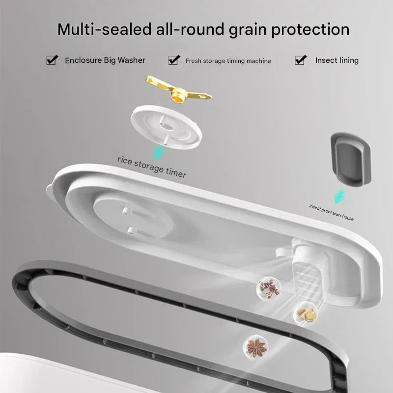 Modern kitchen organization: white airtight rice bin with handle, for grains and dry foods.