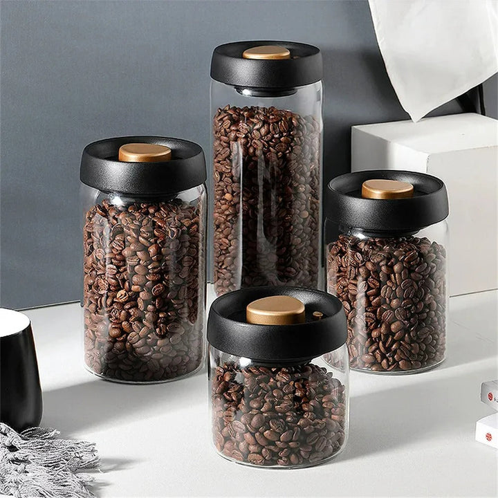 AirVault airtight vacuum borosilicate glass coffee bean storage jar. Keeps beans fresh & flavorful.