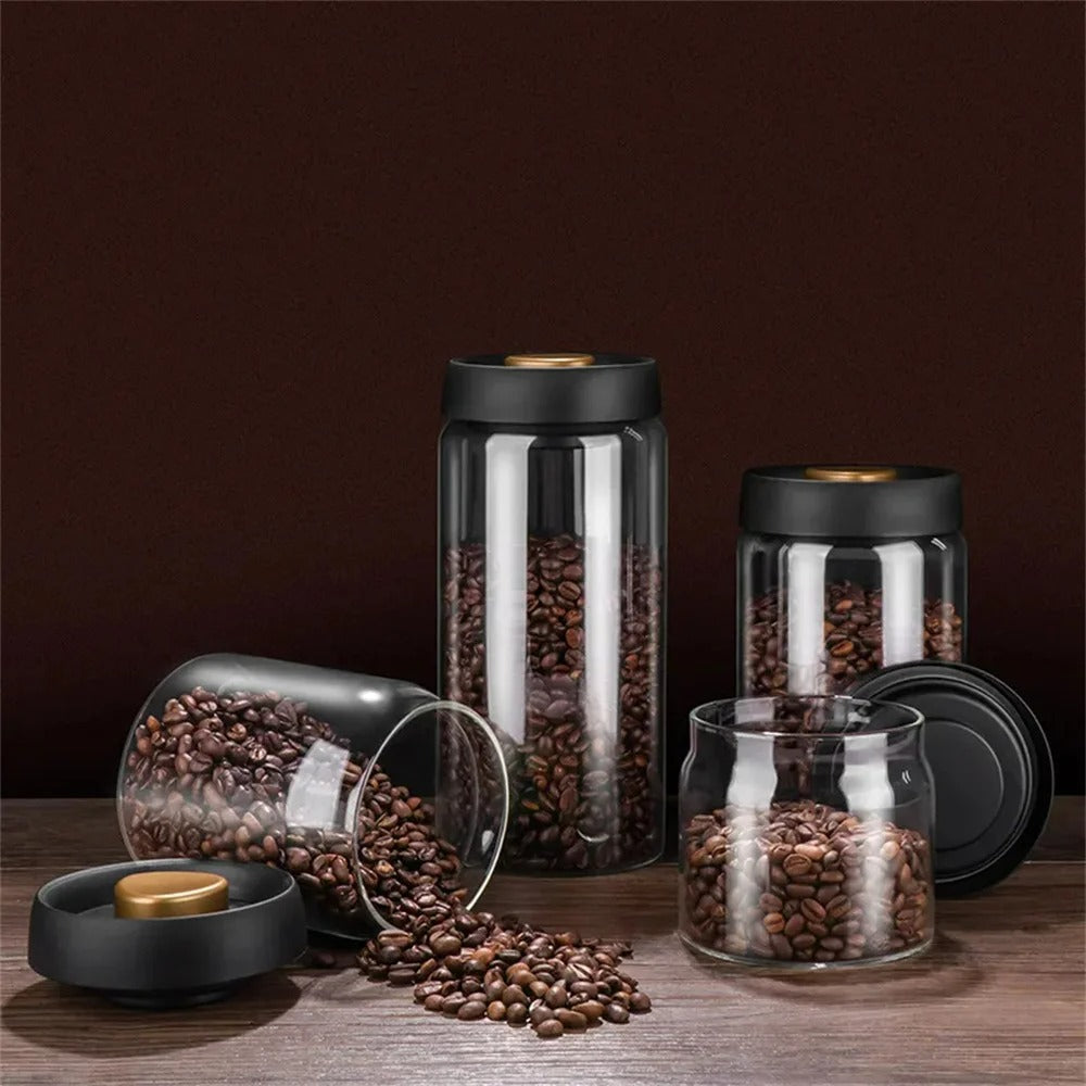 Kitchen organization with AirVault airtight vacuum jar. Perfect for coffee, tea, & dry goods storage.
